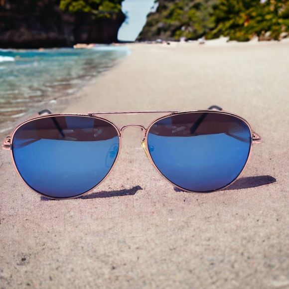 Rose Gold Blue Mirrored Polarized Aviators Unisex - Picture 1 of 9